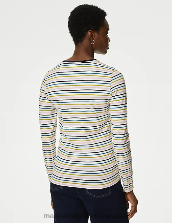 Women Navy Mix Clothing Marks & Spencer Cotton Rich Striped Slim Fit Top 20VTD2562 - Marks and Spencer outlet