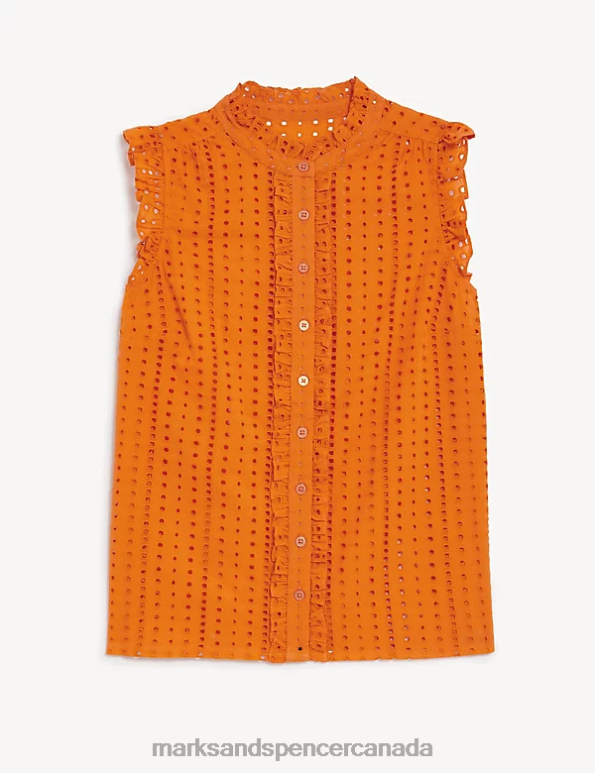 Women Orange Clothing Marks & Spencer Pure Cotton Broderie Frill Neck Top 20VTD1890 - Marks and Spencer outlet