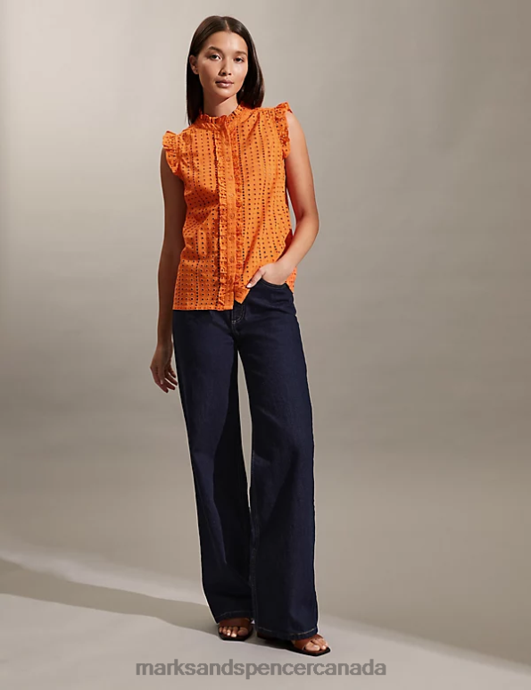 Women Orange Clothing Marks & Spencer Pure Cotton Broderie Frill Neck Top 20VTD1890 - Marks and Spencer outlet