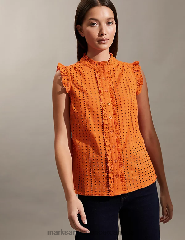 Women Orange Clothing Marks & Spencer Pure Cotton Broderie Frill Neck Top 20VTD1890 - Marks and Spencer outlet