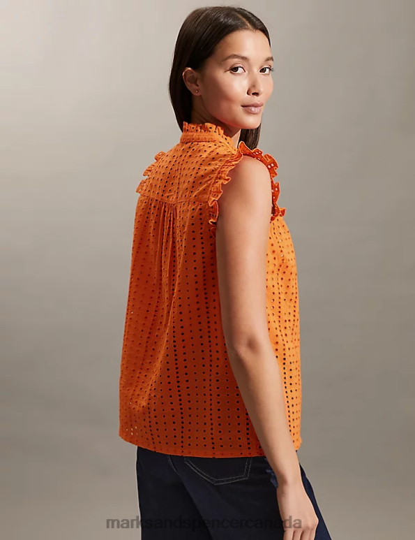 Women Orange Clothing Marks & Spencer Pure Cotton Broderie Frill Neck Top 20VTD1890 - Marks and Spencer outlet