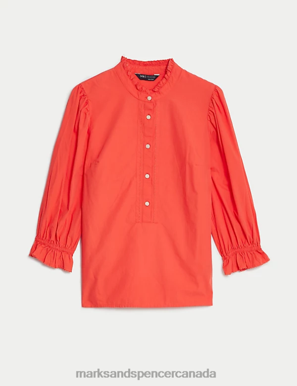 Women Orange Clothing Marks & Spencer Pure Cotton Frill Detail Top 20VTD1028 - Marks and Spencer outlet