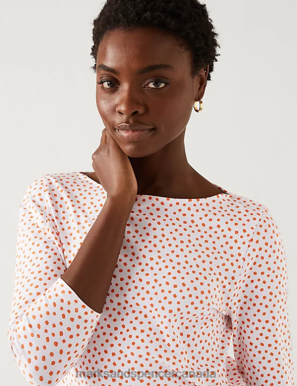 Marks and Spencer near me - Women Orange Mix Clothing Marks & Spencer Cotton Rich Printed Slim Fit Top 20VTD3419