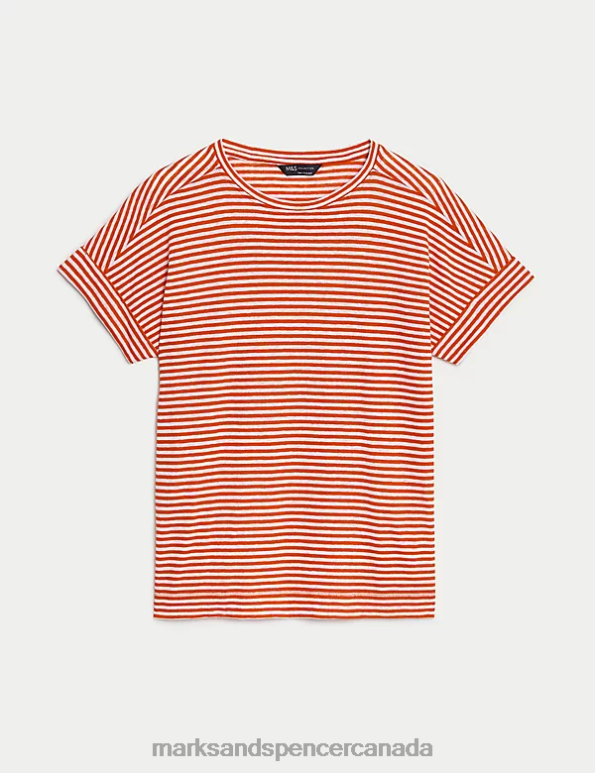 Women Orange Mix Clothing Marks & Spencer Linen-Rich Striped Top 20VTD112 - Marks and Spencer online