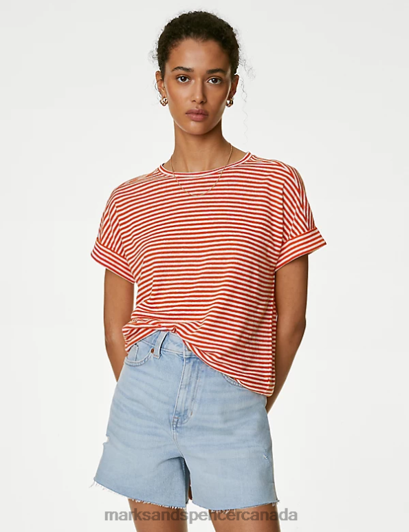 Women Orange Mix Clothing Marks & Spencer Linen-Rich Striped Top 20VTD112 - Marks and Spencer online