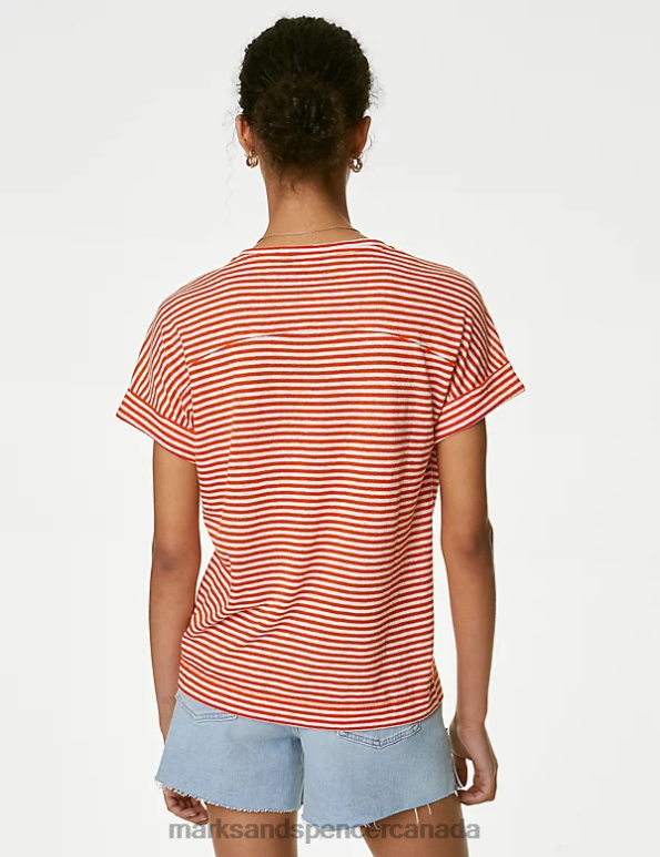 Women Orange Mix Clothing Marks & Spencer Linen-Rich Striped Top 20VTD112 - Marks and Spencer online