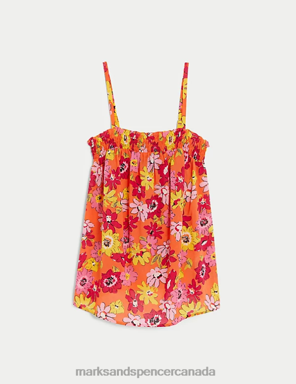 Women Orange Mix Clothing Marks & Spencer Pure Cotton Printed Smocked Detail Cami Top 20VTD2949 - Marks and Spencer outlet