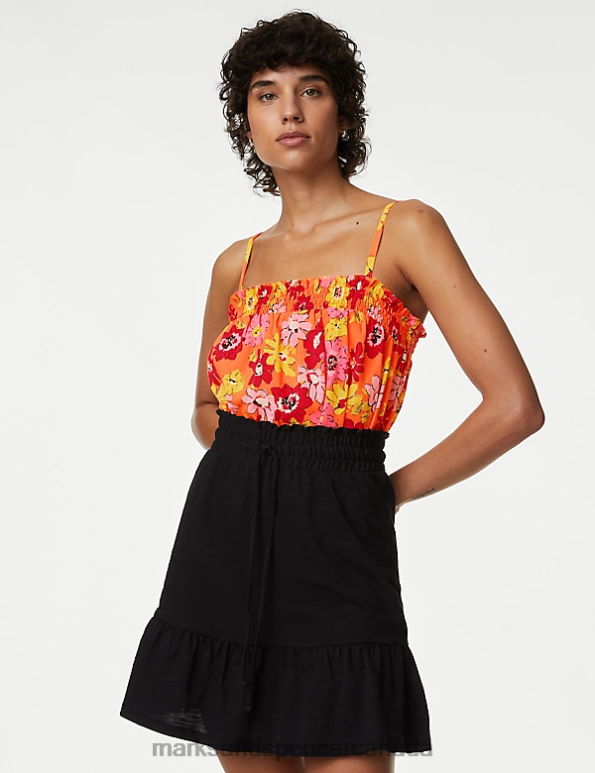 Women Orange Mix Clothing Marks & Spencer Pure Cotton Printed Smocked Detail Cami Top 20VTD2949 - Marks and Spencer outlet