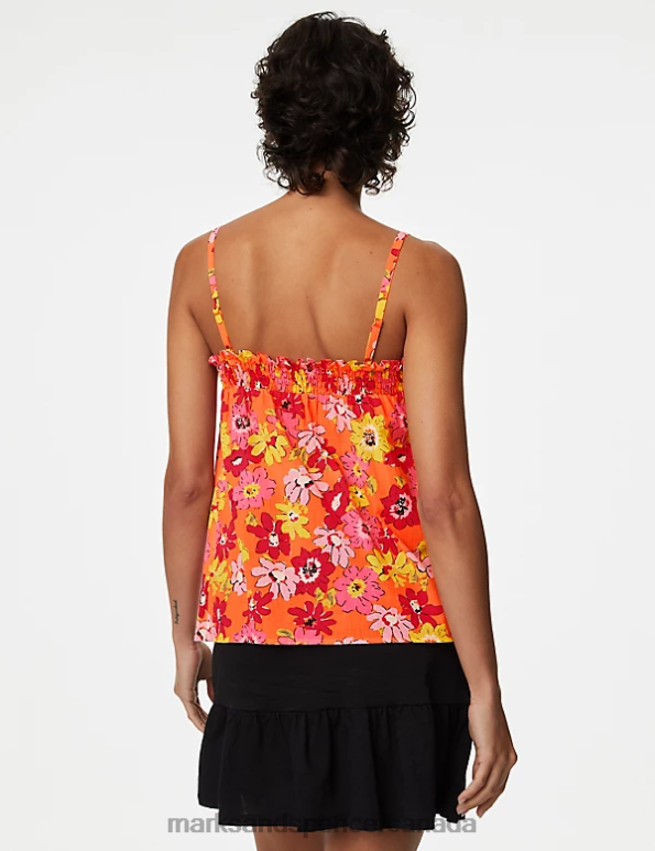 Women Orange Mix Clothing Marks & Spencer Pure Cotton Printed Smocked Detail Cami Top 20VTD2949 - Marks and Spencer outlet