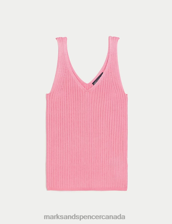 Women Petal Pink Clothing Marks & Spencer Ribbed V-Neck Knitted Vest 20VTD1944 - Marks and Spencer Canada locations