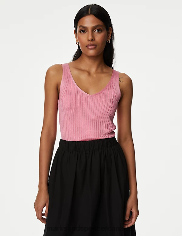 Women Petal Pink Clothing Marks & Spencer Ribbed V-Neck Knitted Vest 20VTD1944 - Marks and Spencer Canada locations