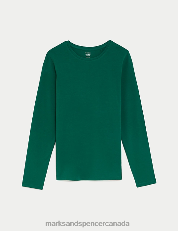 Women Pine Green Clothing Marks & Spencer Cotton Rich Slim Fit Top 20VTD2697 - Marks and Spencer online