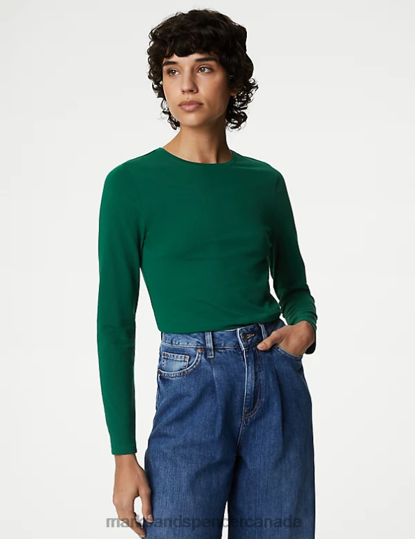 Women Pine Green Clothing Marks & Spencer Cotton Rich Slim Fit Top 20VTD2697 - Marks and Spencer online