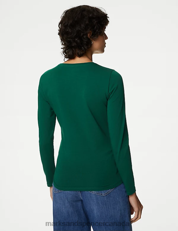 Women Pine Green Clothing Marks & Spencer Cotton Rich Slim Fit Top 20VTD2697 - Marks and Spencer online