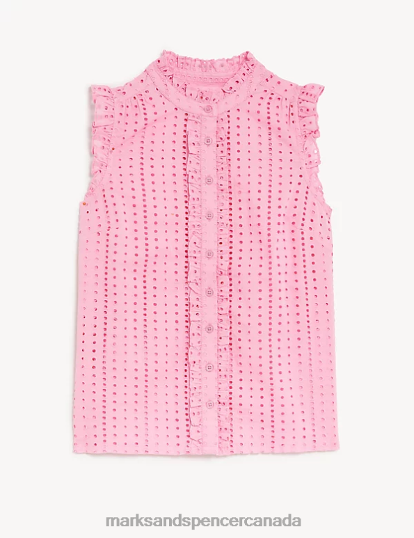 Women Pink Clothing Marks & Spencer Pure Cotton Broderie Frill Neck Top 20VTD2214 - Marks and Spencer Canada locations