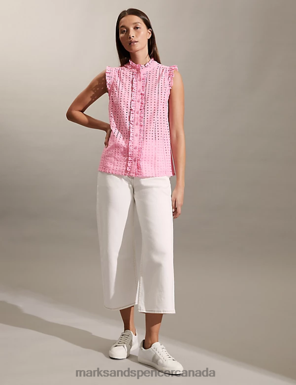 Women Pink Clothing Marks & Spencer Pure Cotton Broderie Frill Neck Top 20VTD2214 - Marks and Spencer Canada locations