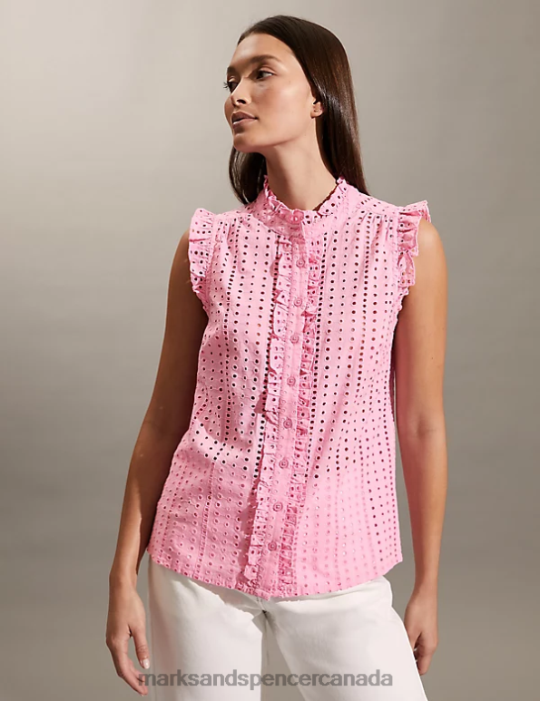Women Pink Clothing Marks & Spencer Pure Cotton Broderie Frill Neck Top 20VTD2214 - Marks and Spencer Canada locations