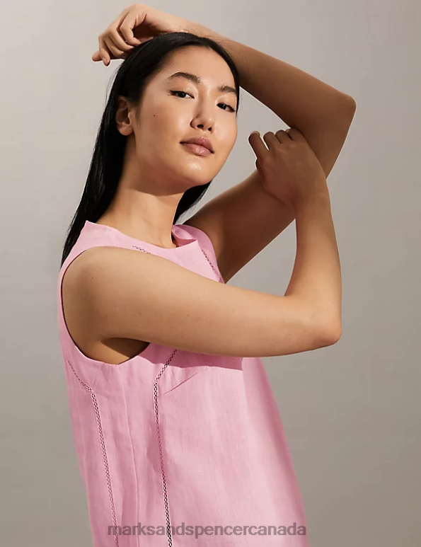 Women Pink Clothing Marks & Spencer Pure Linen Lace Insert Vest Top 20VTD1889 - Marks and Spencer Canada locations