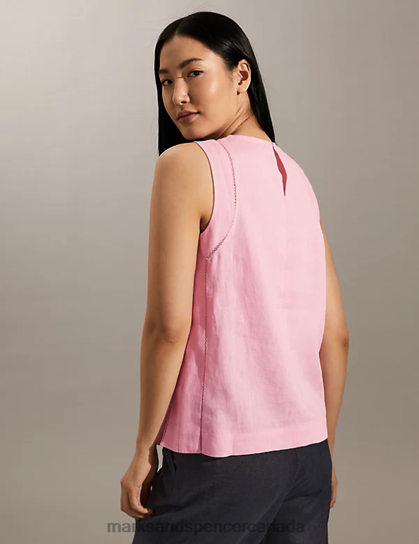 Women Pink Clothing Marks & Spencer Pure Linen Lace Insert Vest Top 20VTD1889 - Marks and Spencer Canada locations