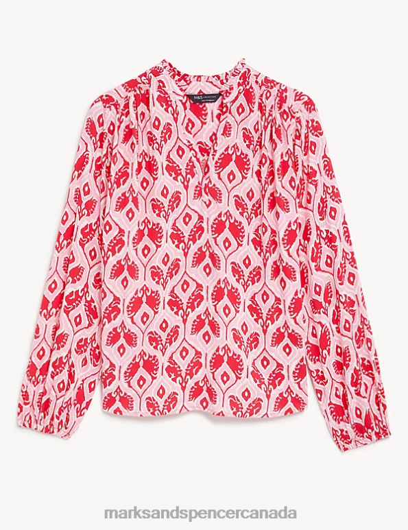 Women Pink Mix Clothing Marks & Spencer Floral V-Neck Popover Blouse 20VTD1041 - Marks and Spencer online