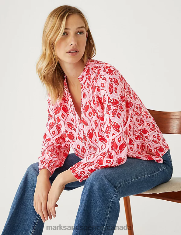 Women Pink Mix Clothing Marks & Spencer Floral V-Neck Popover Blouse 20VTD1041 - Marks and Spencer online