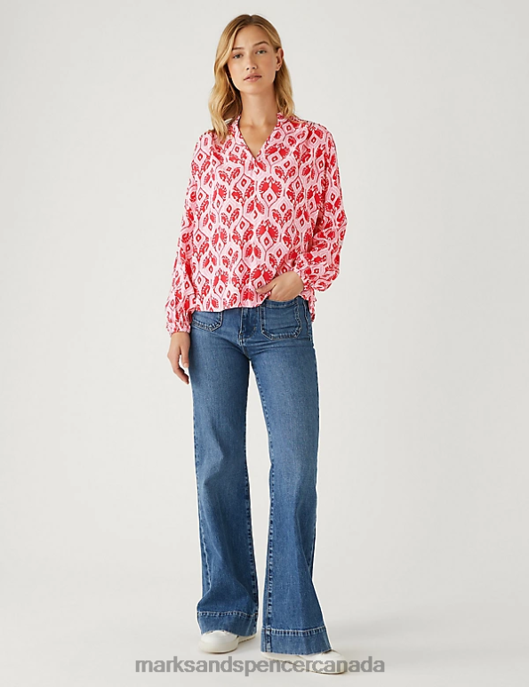 Women Pink Mix Clothing Marks & Spencer Floral V-Neck Popover Blouse 20VTD1041 - Marks and Spencer online