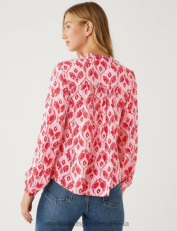 Women Pink Mix Clothing Marks & Spencer Floral V-Neck Popover Blouse 20VTD1041 - Marks and Spencer online