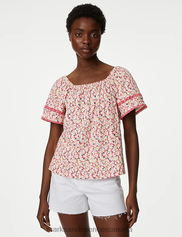 Marks and Spencer near me - Women Pink Mix Clothing Marks & Spencer Pure Cotton Floral Top 20VTD1092