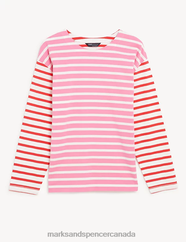 Marks and Spencer near me - Women Pink Mix Clothing Marks & Spencer Pure Cotton Striped Crew Neck Top 20VTD897
