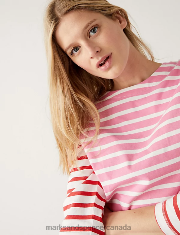 Marks and Spencer near me - Women Pink Mix Clothing Marks & Spencer Pure Cotton Striped Crew Neck Top 20VTD897