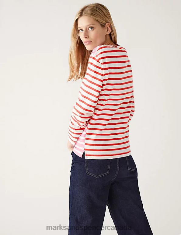 Marks and Spencer near me - Women Pink Mix Clothing Marks & Spencer Pure Cotton Striped Crew Neck Top 20VTD897