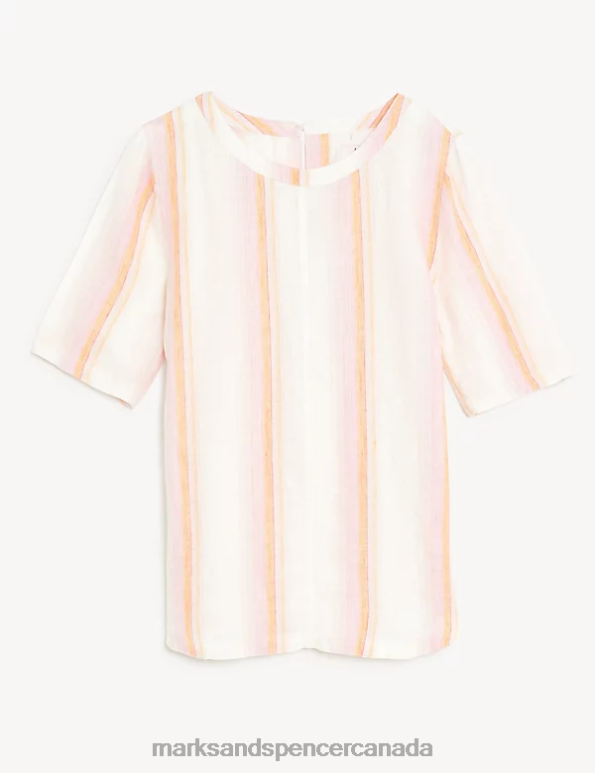 Women Pink Mix Clothing Marks & Spencer Pure Linen Striped Round Neck Top 20VTD903 - Marks and Spencer online