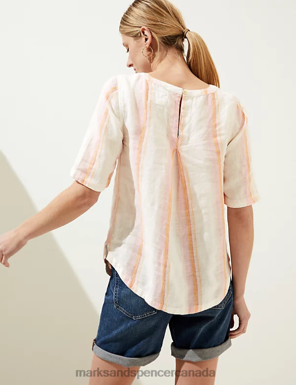 Women Pink Mix Clothing Marks & Spencer Pure Linen Striped Round Neck Top 20VTD903 - Marks and Spencer online