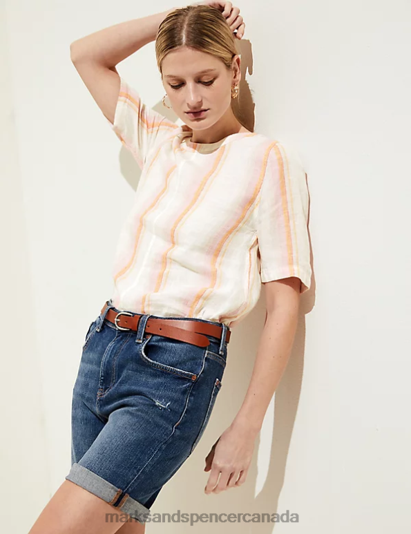 Women Pink Mix Clothing Marks & Spencer Pure Linen Striped Round Neck Top 20VTD903 - Marks and Spencer online