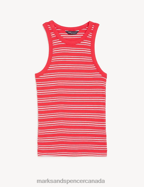 Marks and Spencer Canada - Women Red Mix Clothing Marks & Spencer Cotton Rich Striped Ribbed Vest Top 20VTD2628