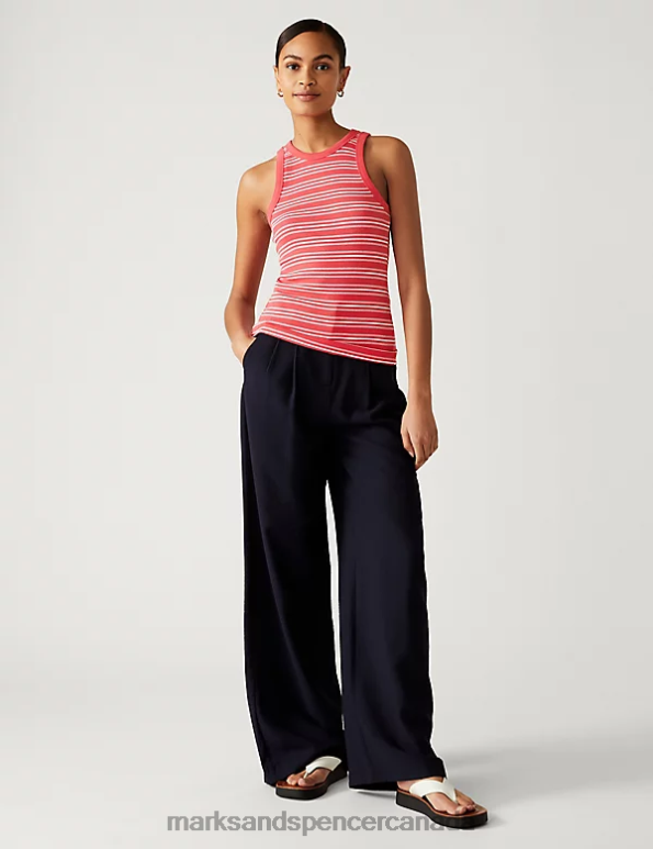 Marks and Spencer Canada - Women Red Mix Clothing Marks & Spencer Cotton Rich Striped Ribbed Vest Top 20VTD2628