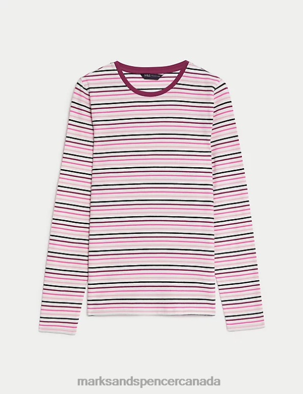 Women Red Mix Clothing Marks & Spencer Cotton Rich Striped Slim Fit Top 20VTD2929 - Marks and Spencer online