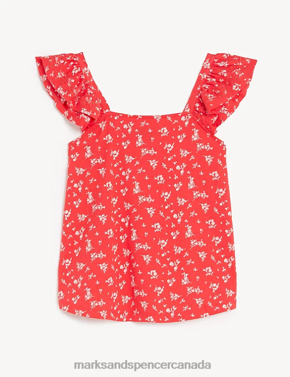 Marks and Spencer Canada - Women Red Mix Clothing Marks & Spencer Pure Cotton Printed Ruffle Vest 20VTD2104