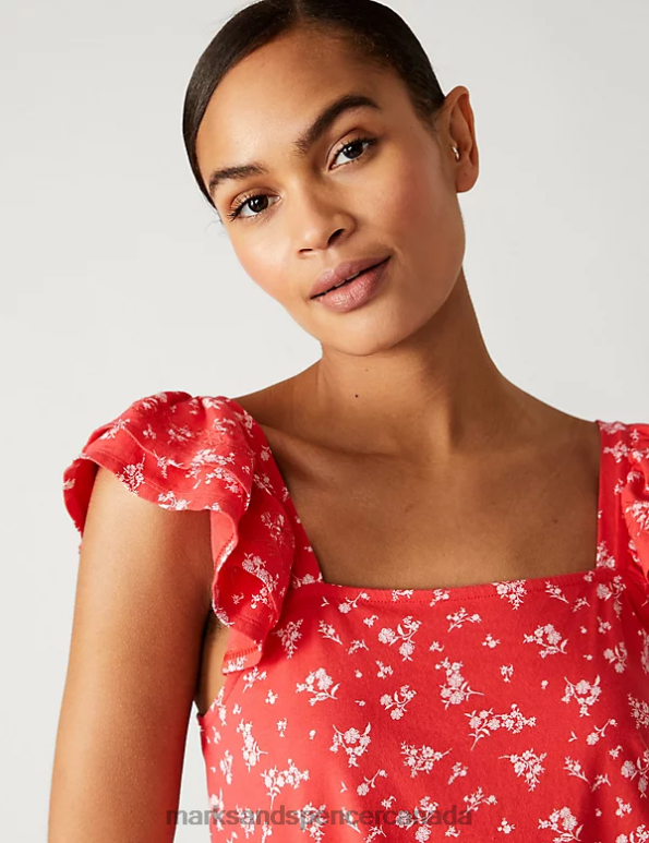Marks and Spencer Canada - Women Red Mix Clothing Marks & Spencer Pure Cotton Printed Ruffle Vest 20VTD2104