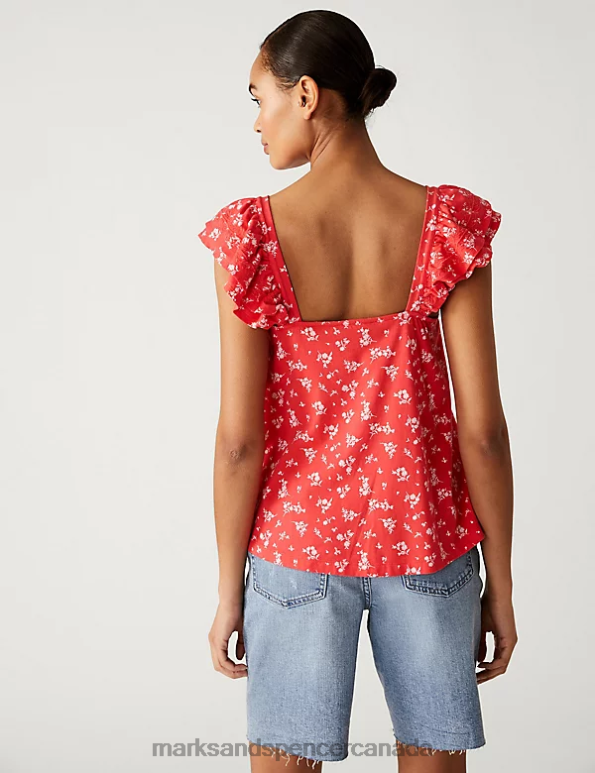 Marks and Spencer Canada - Women Red Mix Clothing Marks & Spencer Pure Cotton Printed Ruffle Vest 20VTD2104