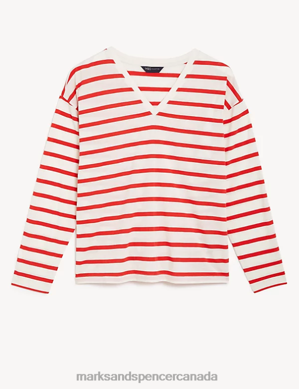 Women Red Mix Clothing Marks & Spencer Striped V-Neck Relaxed Top 20VTD818 - Marks and Spencer Canada locations