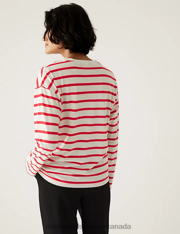 Women Red Mix Clothing Marks & Spencer Striped V-Neck Relaxed Top 20VTD818 - Marks and Spencer Canada locations