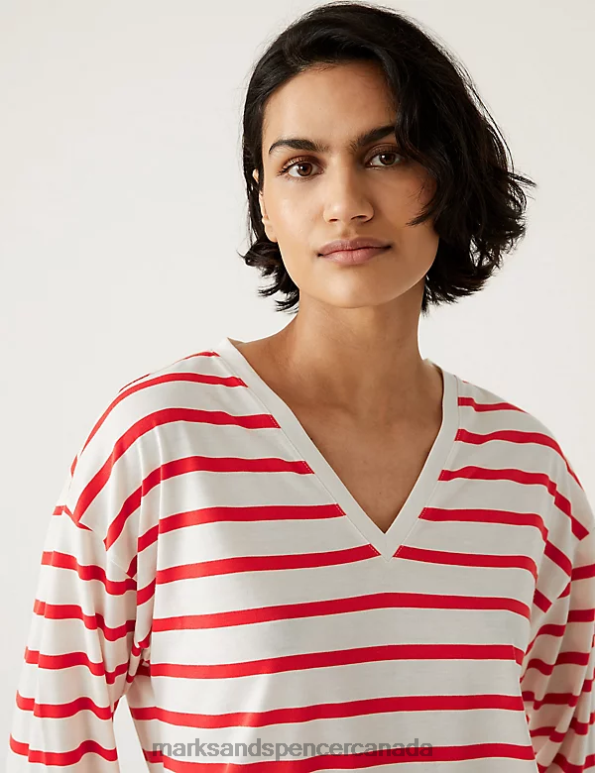 Women Red Mix Clothing Marks & Spencer Striped V-Neck Relaxed Top 20VTD818 - Marks and Spencer Canada locations