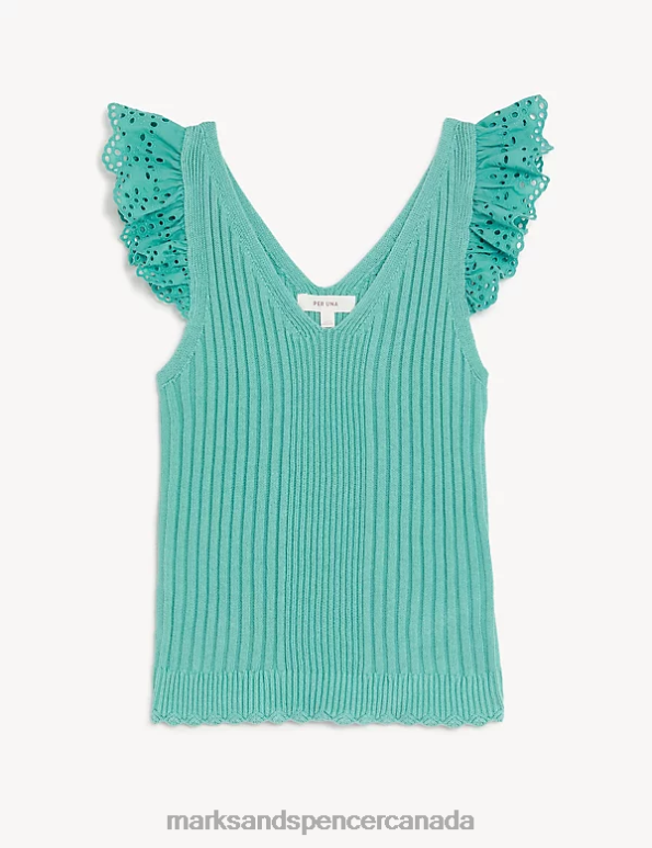 Marks and Spencer sale - Women Sea Green Clothing Marks & Spencer Pure Cotton Ribbed Frill Detail Knitted Top 20VTD2110