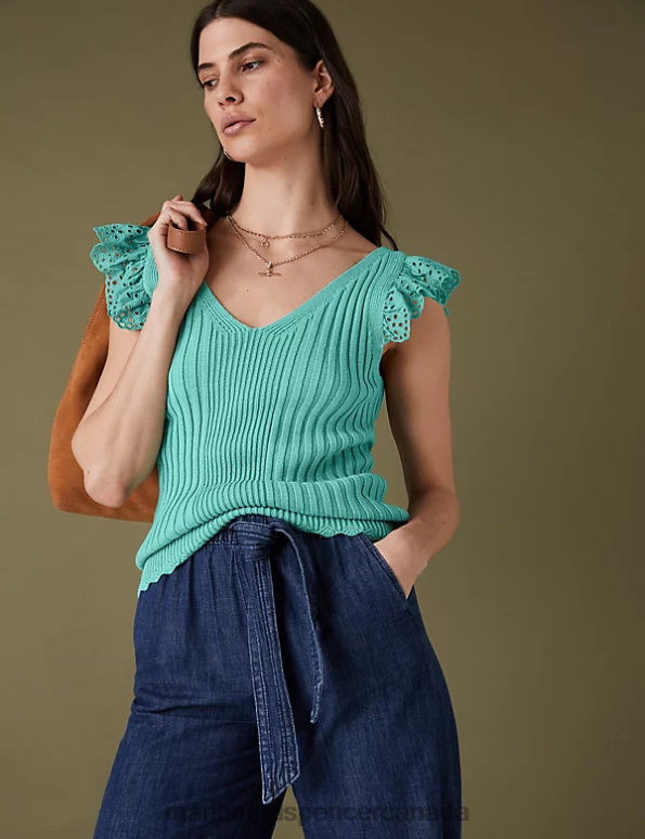 Marks and Spencer sale - Women Sea Green Clothing Marks & Spencer Pure Cotton Ribbed Frill Detail Knitted Top 20VTD2110