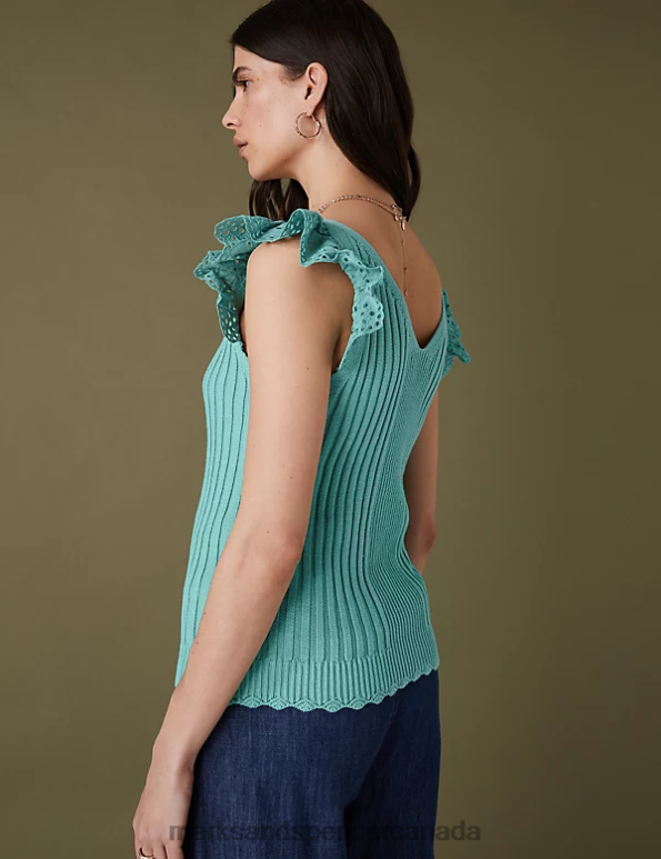 Marks and Spencer sale - Women Sea Green Clothing Marks & Spencer Pure Cotton Ribbed Frill Detail Knitted Top 20VTD2110