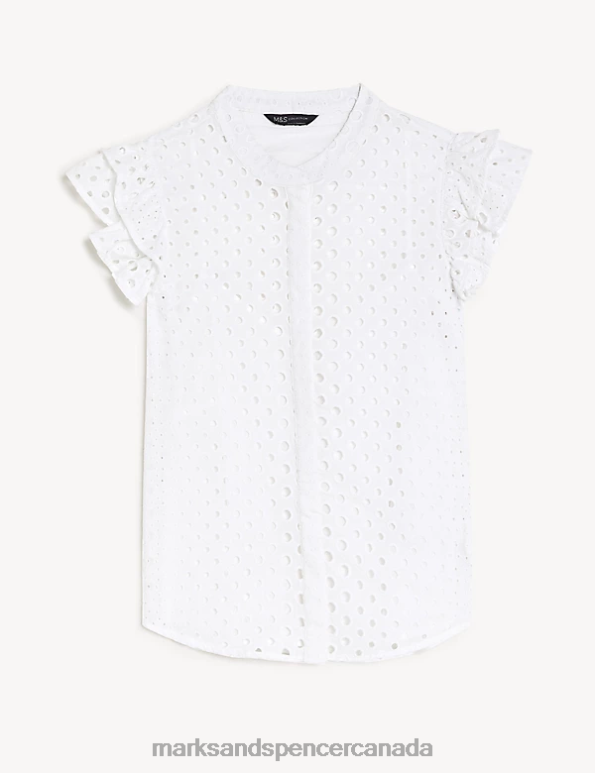Women Soft White Clothing Marks & Spencer Pure Cotton Broderie Frill Detail Top 20VTD2318 - Marks and Spencer outlet