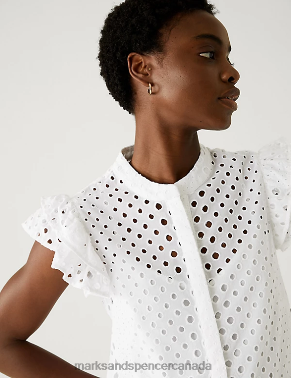 Women Soft White Clothing Marks & Spencer Pure Cotton Broderie Frill Detail Top 20VTD2318 - Marks and Spencer outlet