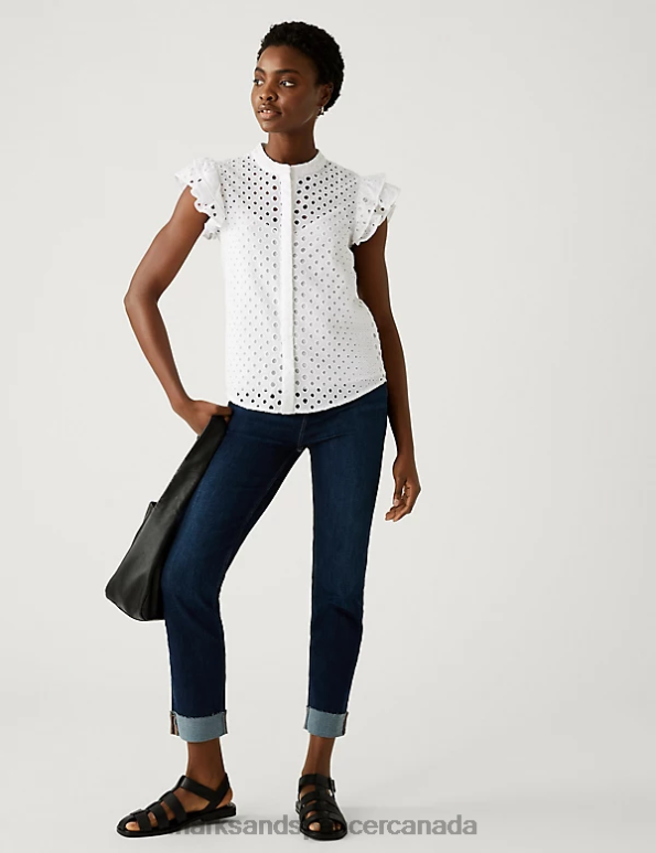 Women Soft White Clothing Marks & Spencer Pure Cotton Broderie Frill Detail Top 20VTD2318 - Marks and Spencer outlet
