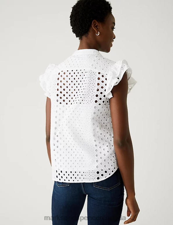Women Soft White Clothing Marks & Spencer Pure Cotton Broderie Frill Detail Top 20VTD2318 - Marks and Spencer outlet